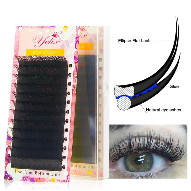 Platte Ellips Gespleten Punt Zwarte Wimperextensions 0,15-0,20mm